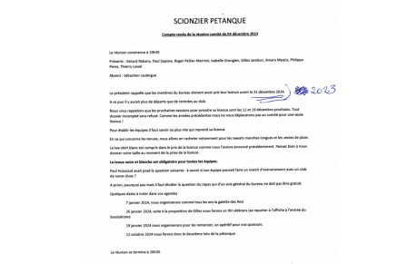 COMPTE RENDU DE LA REUNION  DU COMITE DU 4 DECEMBRE 2023